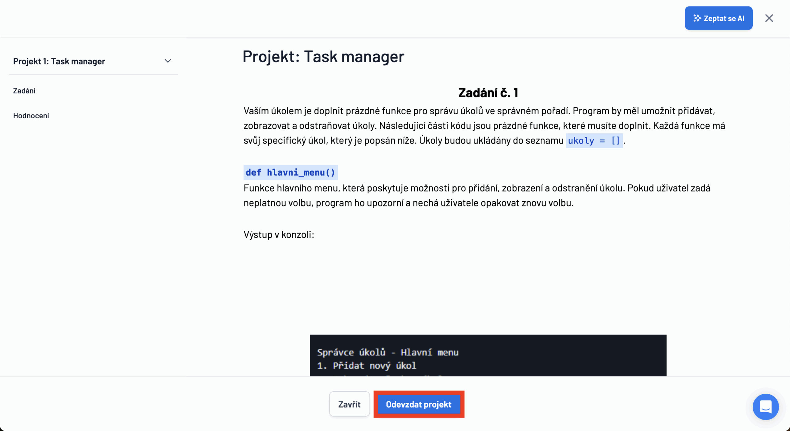 Odevzdat projekt screenshot