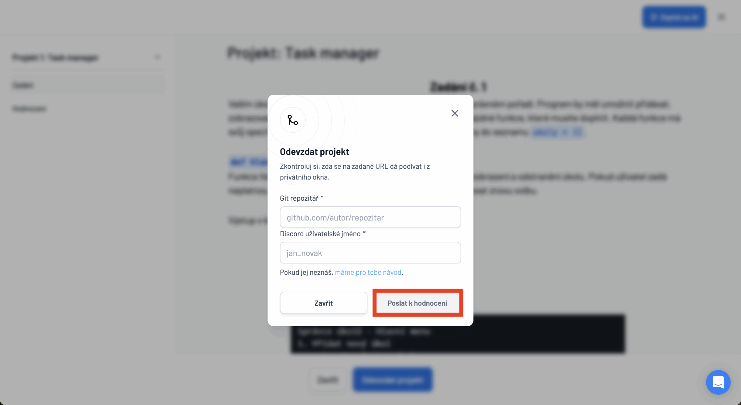 Odevzdat projekt screenshot